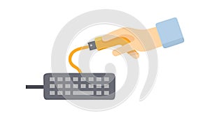 Hand Plugging USB Cable into Keyboard, Peripheral Connection, vector design Generative AI