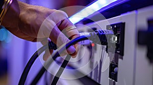 The hand plugging cable. AI generated