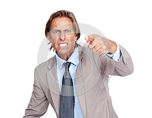 Hand point, angry and corporate man portrait of a business manager feeling frustrated. , white background and