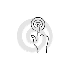 Hand with point finger touch button hand drawn outline doodle icon.