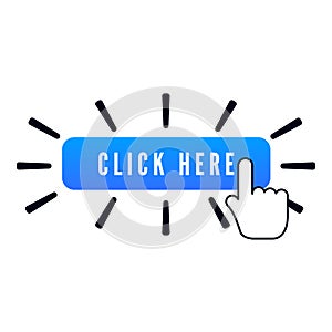 Hand pointer with animation of action over blue button with text click here on white background. Web icons element. Vector