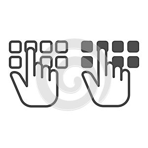 Hand pointer with buttons line and solid icon, hacker attacks concept. Vector graphics. Pin code button push and hand
