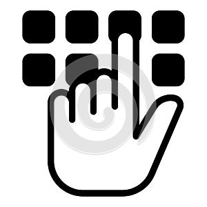 Hand pointer with buttons solid icon, hacker attacks concept. Vector graphics. Pin code button push and hand finger sign