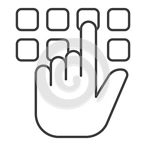 Hand pointer with buttons thin line icon, hacker attacks concept. Vector graphics. Pin code button push and hand finger