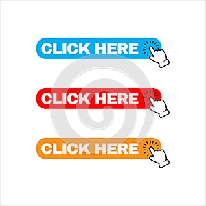hand pointer clicking click here button vector. round shape click here icon for web banner and site bar