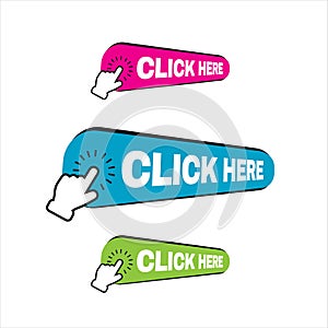 hand pointer clicking click here button vector. round shape click here icon for web banner and site bar
