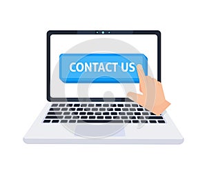 Hand pointer clicking on a Contact Us button on a laptop screen. Vector illustration