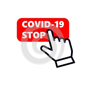 Hand pointer or cursor mouse clicking on stop COVID-19 button linear icon. symbol in form of choosing hand