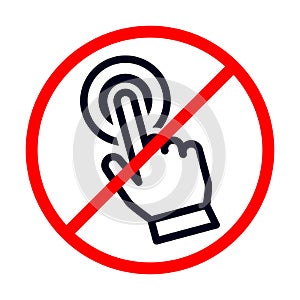hand pointer or cursor mouse do not clicking linear icon. symbol in form of pressing hand is crossed out with red STOP sign. Do