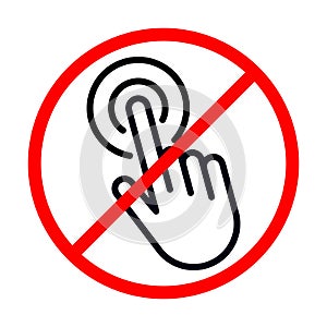 hand pointer or cursor mouse do not clicking linear icon. symbol in form of pressing hand is crossed out with red STOP sign. Do