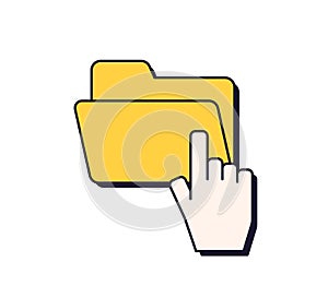 Hand pointer opening computer folder. Empty file icon in retro 90s and 00s design style. Choosing new directory for