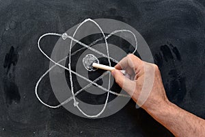 Atom symbol drawn on a blackboard photo