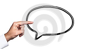 Hand pointing at a blank speech bubble,