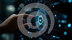 A hand pointing at a blue circle with the letters AI on it