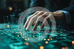 Hand is pointing at a cityscape on a computer screen