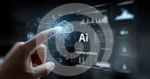 A hand is pointing at a cloud of data on a computer screen