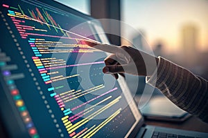 Hand Pointing at Colorful Lines of Code on Computer Screen and a shallow depth of field - generated by ai