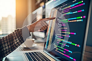 Hand Pointing at Colorful Lines of Code on Computer Screen and a shallow depth of field - generated by ai