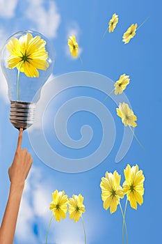 Hand pointing on cosmos light bulb