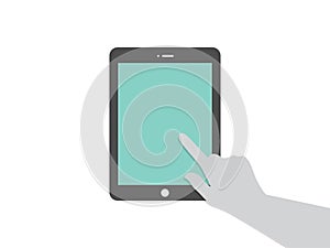 Hand pointing at digital device. Mobile app concept. Flat style vector graphic template.