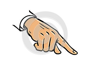 Hand pointing down, pop art vector illustration