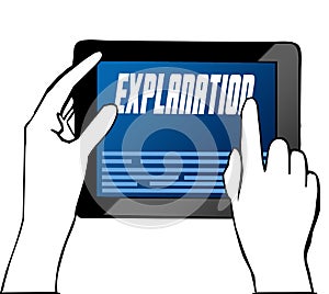 Hand pointing at EXPLANATION text on tablet. Illustration.