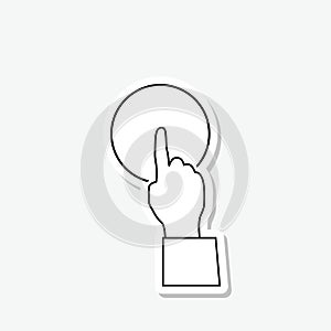 Hand with pointing finger line icon sticker isolated on gray background