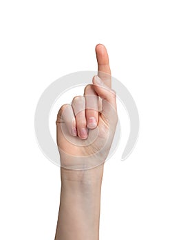 Hand pointing finger up gesture. Isolated on white background. Showing direction with forefinger.