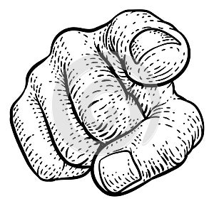 Hand Pointing Finger At You Vintage Woodcut Style