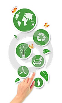 Hand pointing green ecological icons