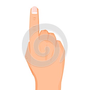 Hand pointing. Index finger touches on screen or shows something.