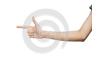Hand pointing index finger on white background