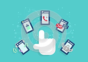 Hand pointing with phone application function technology concept, flat design idea creativity vector