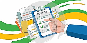Hand pointing at policies document on clipboard with checkmarks and abstract background