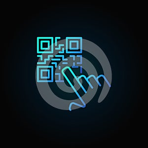 Hand pointing QR code vector blue concept icon or symbol