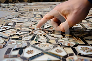 hand pointing at specific features of an intricate inlaid tile sample