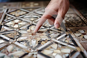 hand pointing at specific features of an intricate inlaid tile sample