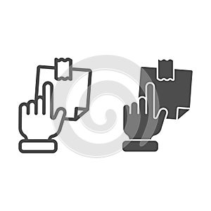 Hand pointing at sticky note line and glyph icon. Finger pointing to paper sticker vector illustration isolated on white