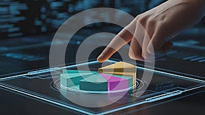 Hand Pointing to 3D Pie Chart on Digital Interface - Data Analysis