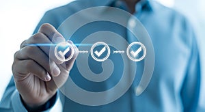 Hand pointing to digital checkmarks in a workflow sequence checklist approval