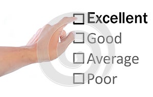 Hand pointing to excellent on quality survey