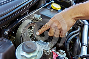 a hand pointing to a serpentine belt in an engine compartment