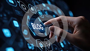 A hand is pointing to the word blog on a computer screen