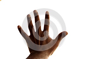 Hand pointing up towards isolated white background