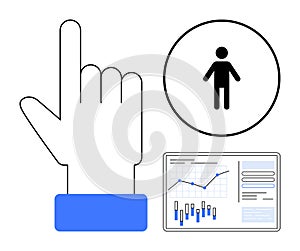 Hand pointing up, user icon in black circle, and data analytics dashboard with graphs and charts
