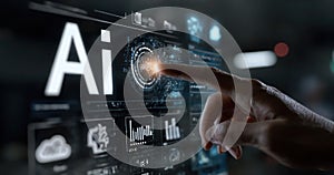 A hand is pointing at the word AI on a computer screen