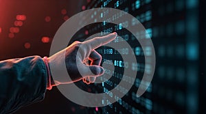 Hand touching a digital screen with binary code