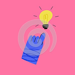 Hand points to light bulb. Creative idea, Cartoon colorful arm gesture, brainstorming process, poster or print. Vector trendy