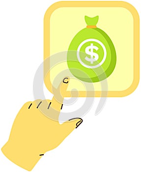 Hand points to money bag icon. Sack of banknotes and gold coins. Investment, payment sign