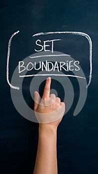Hand points to set boundaries on blackboard, emphasizing limits photo